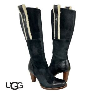 UGG Women’s 6 Tess Black Suede Leather Heeled Tall Boots With Shearling Trim